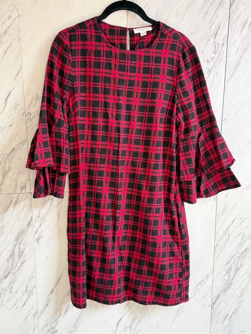 3/$50 Beach Lunch Lounge Red Black Plaid Ruffle Sleeve Tunic Shift Dress XS
